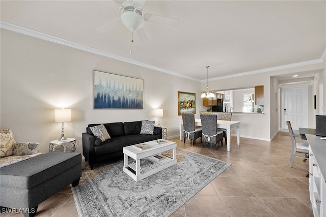 tiled living room featuring ornamental molding and ceiling fan with notable chandelier