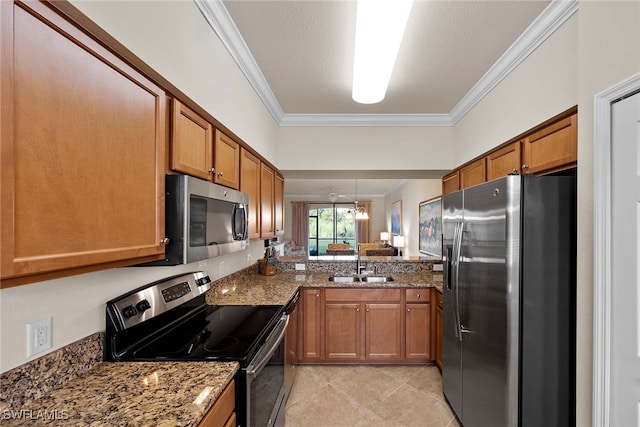 kitchen featuring light tile patterned floors, sink, stainless steel appliances, dark stone counters, and crown molding