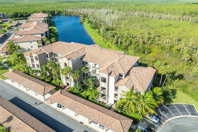 aerial view featuring a water view