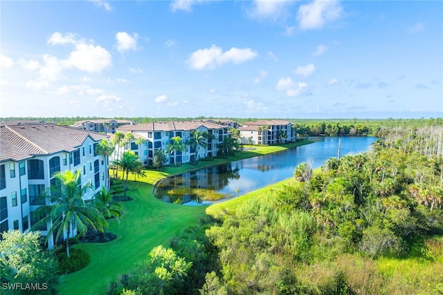 drone / aerial view featuring a water view