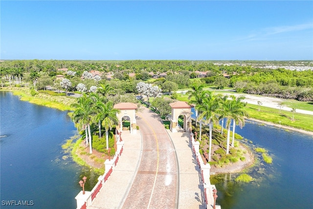 drone / aerial view featuring a water view