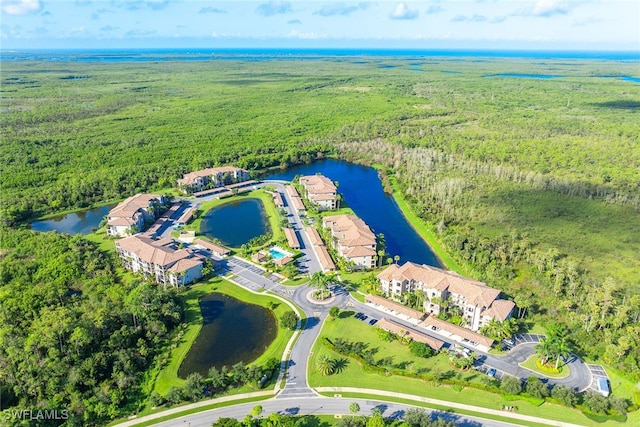 drone / aerial view featuring a water view