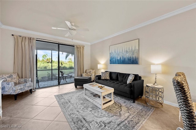 living room with light tile patterned floors, ornamental molding, and ceiling fan