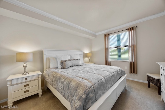 bedroom featuring dark carpet and ornamental molding