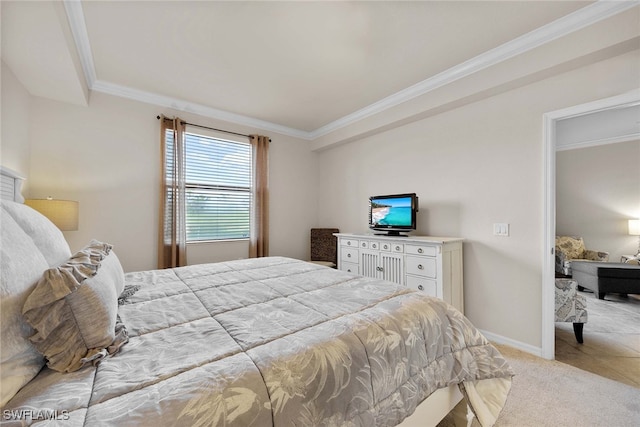 carpeted bedroom with crown molding