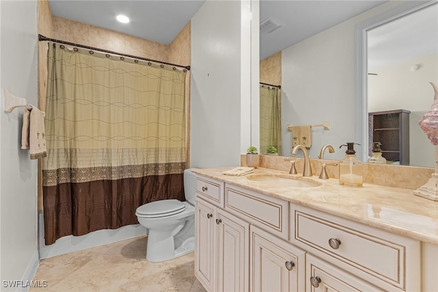 full bathroom with vanity, toilet, and shower / tub combo with curtain