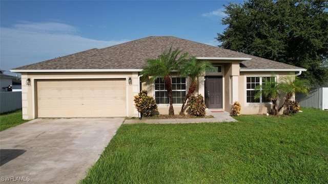 ranch-style home with a garage and a front lawn