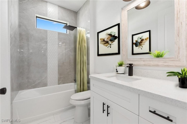 full bathroom featuring vanity, toilet, and shower / bathtub combination with curtain