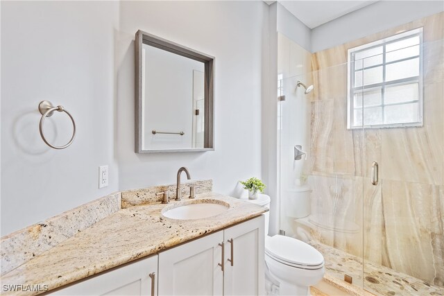 bathroom featuring a shower with door, vanity, and toilet