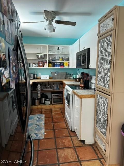 kitchen featuring white cabinets, ceiling fan, and white electric range oven