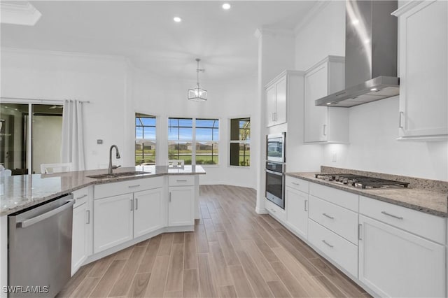 kitchen with wood finish floors, appliances with stainless steel finishes, wall chimney range hood, and a sink