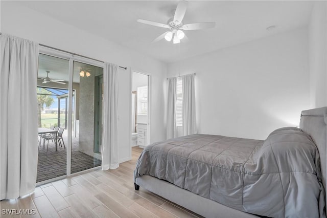 bedroom featuring ceiling fan, access to outside, wood finished floors, and connected bathroom