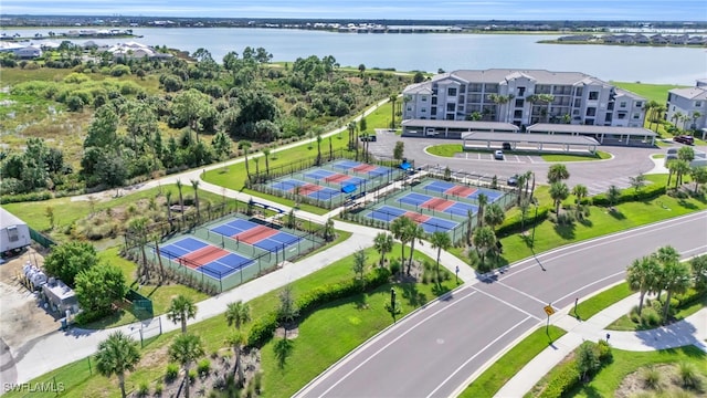 drone / aerial view with a water view