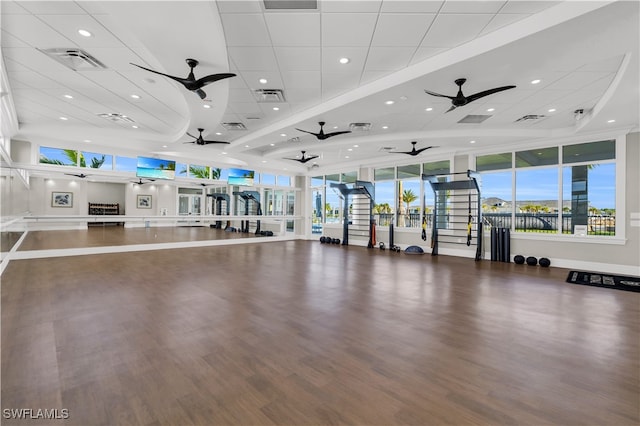 exercise room with wood-type flooring and ceiling fan