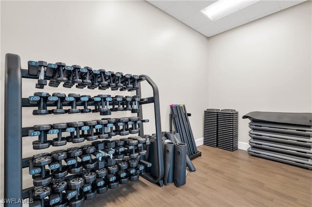 workout area featuring baseboards, a paneled ceiling, and wood finished floors