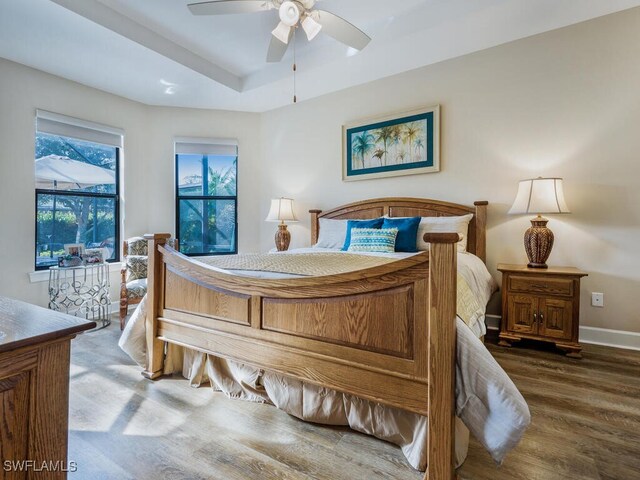 bedroom featuring a tray ceiling, ceiling fan, and hardwood / wood-style flooring