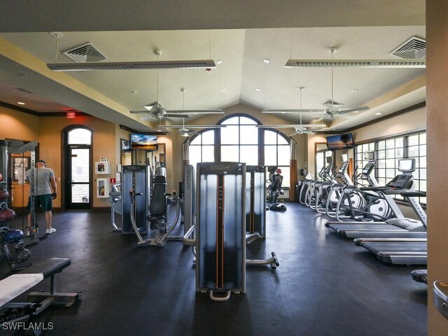 exercise room with ceiling fan, lofted ceiling, and a wealth of natural light