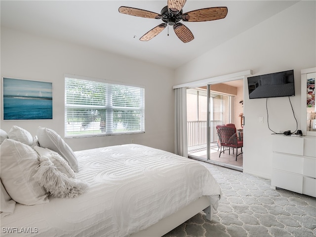 bedroom with lofted ceiling, access to outside, ceiling fan, and carpet