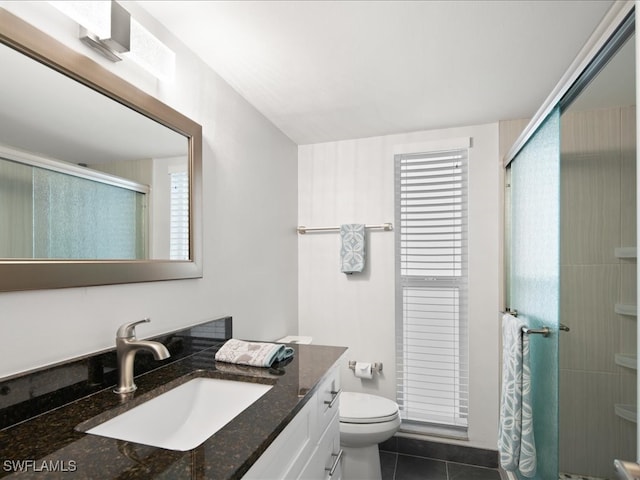 bathroom with vanity, toilet, an enclosed shower, and tile patterned flooring