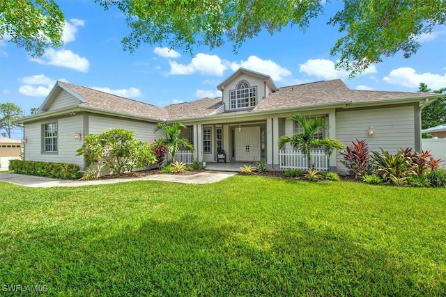 view of front of home with a porch and a front yard