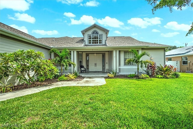 bungalow-style house with a front yard and covered porch