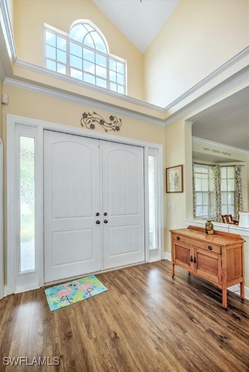 foyer featuring hardwood / wood-style floors, high vaulted ceiling, ornamental molding, and a healthy amount of sunlight