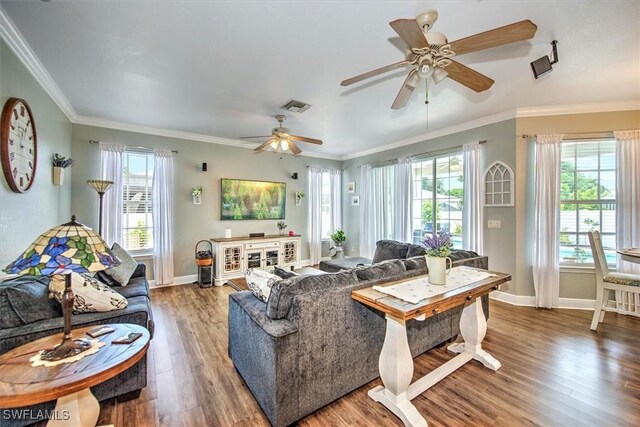 living room featuring ceiling fan, wood-type flooring, and a healthy amount of sunlight