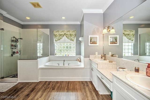 bathroom with hardwood / wood-style floors, separate shower and tub, plenty of natural light, and vanity