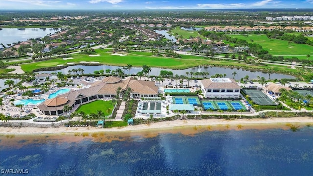 aerial view featuring a water view and golf course view