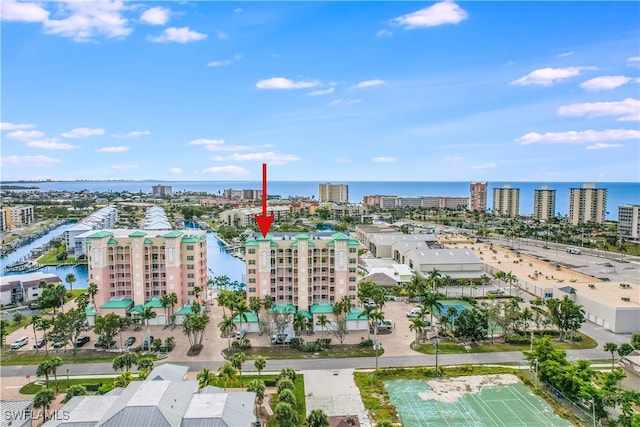 drone / aerial view with a water view