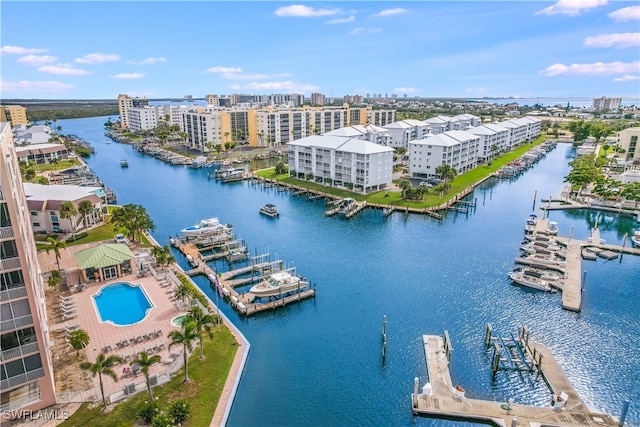 drone / aerial view with a water view