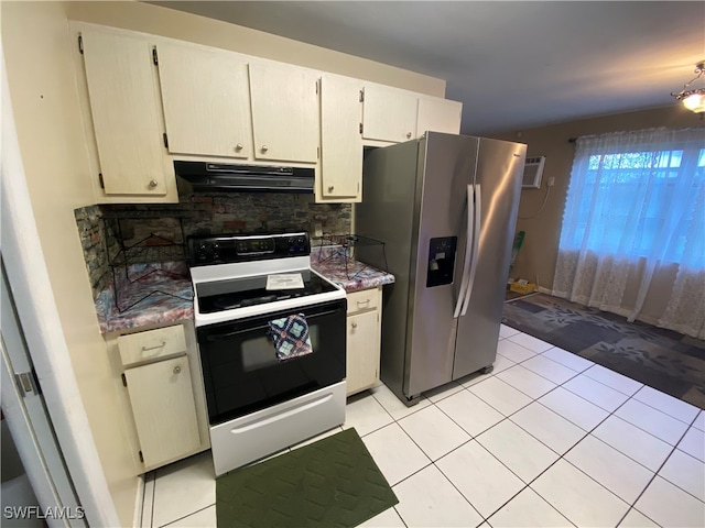 kitchen with backsplash, light tile patterned flooring, stainless steel fridge with ice dispenser, and white electric range