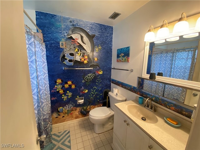 bathroom with a shower with shower curtain, tile patterned flooring, vanity, and toilet