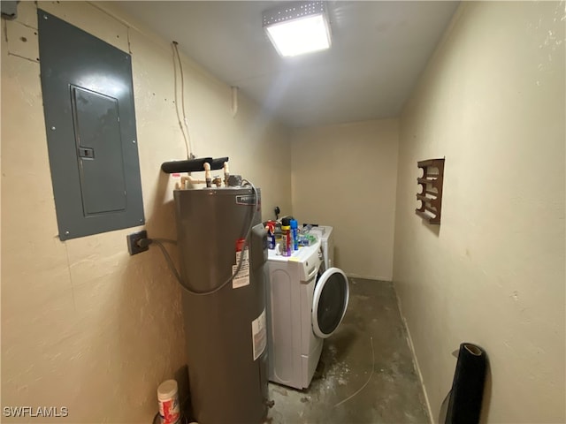 laundry room featuring water heater, washer and dryer, and electric panel