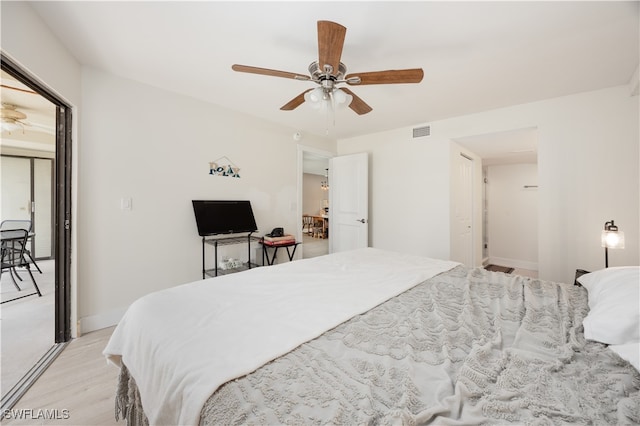 bedroom featuring ceiling fan and light hardwood / wood-style floors