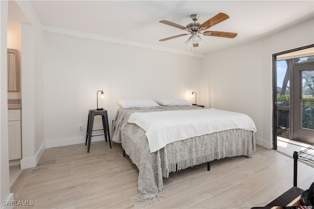 bedroom featuring access to exterior, ceiling fan, and light hardwood / wood-style flooring