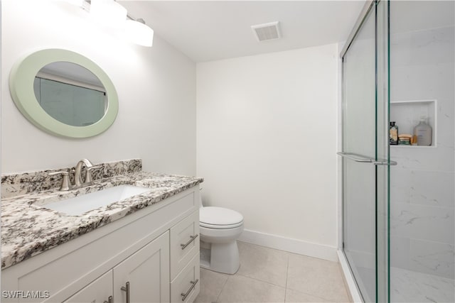 bathroom featuring walk in shower, vanity, toilet, and tile patterned floors