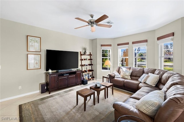 living area featuring baseboards, visible vents, light tile patterned floors, and ceiling fan