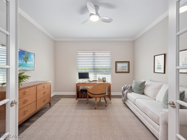 home office with ornamental molding, dark hardwood / wood-style floors, and ceiling fan