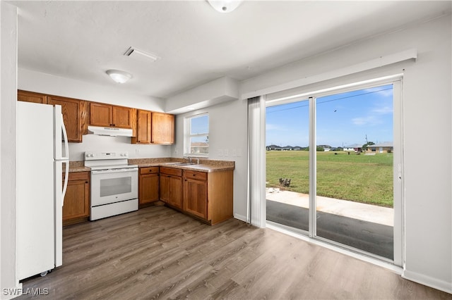 kitchen with white appliances, hardwood / wood-style flooring, and sink