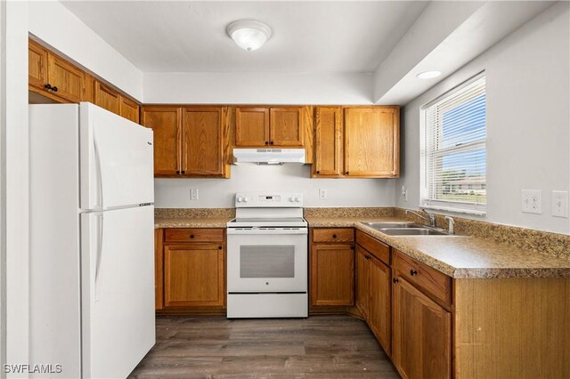 kitchen featuring dark wood-type flooring, white appliances, and sink