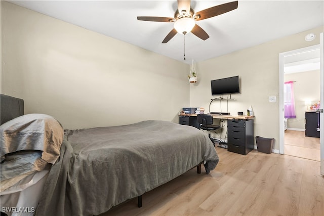 bedroom featuring light hardwood / wood-style flooring and ceiling fan