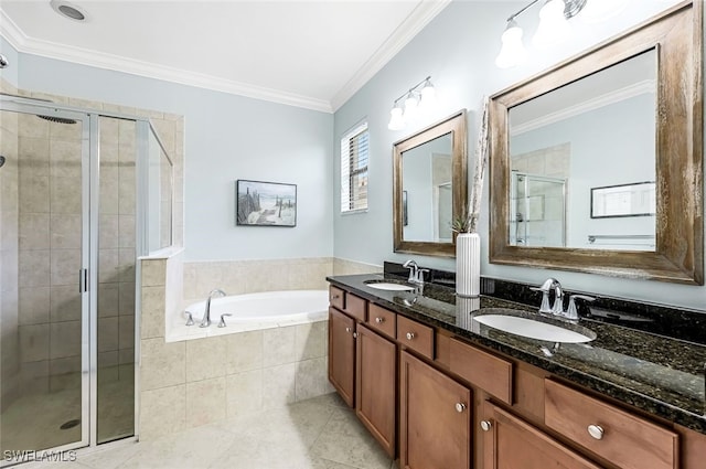 bathroom featuring vanity, tile patterned flooring, crown molding, and plus walk in shower