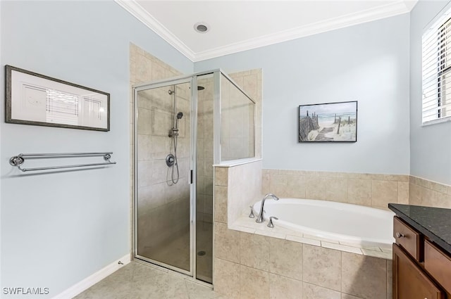 bathroom with independent shower and bath, tile patterned flooring, ornamental molding, and vanity