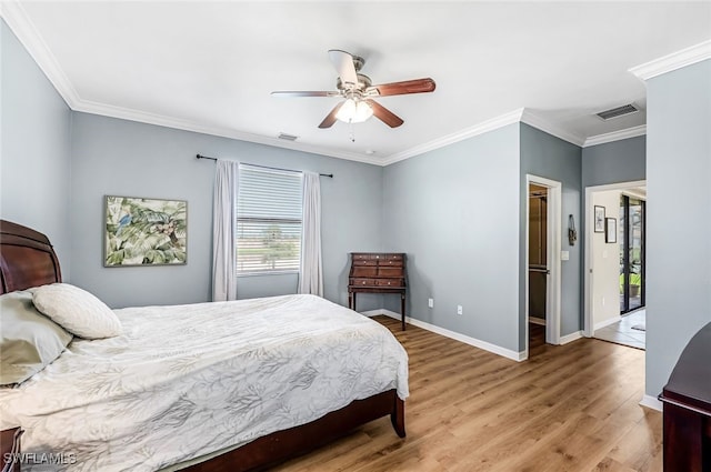 bedroom featuring ceiling fan, crown molding, and light wood-type flooring