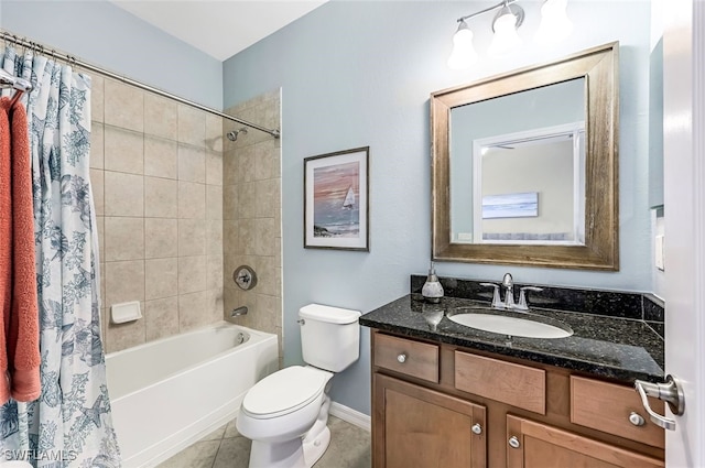 full bathroom with toilet, tile patterned flooring, shower / tub combo, and vanity