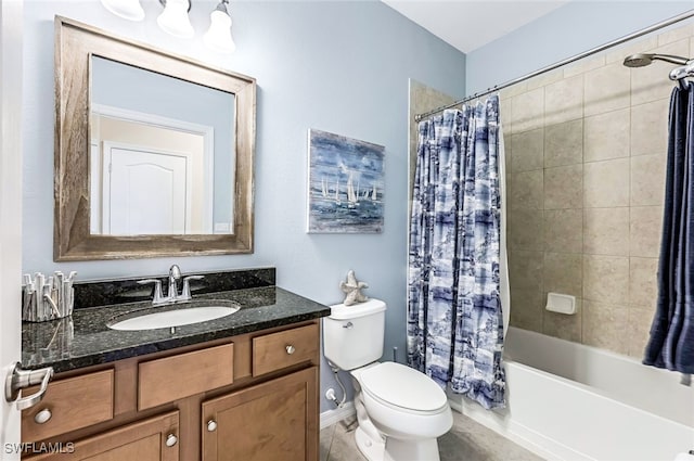 full bathroom with toilet, vanity, and shower / bath combo with shower curtain