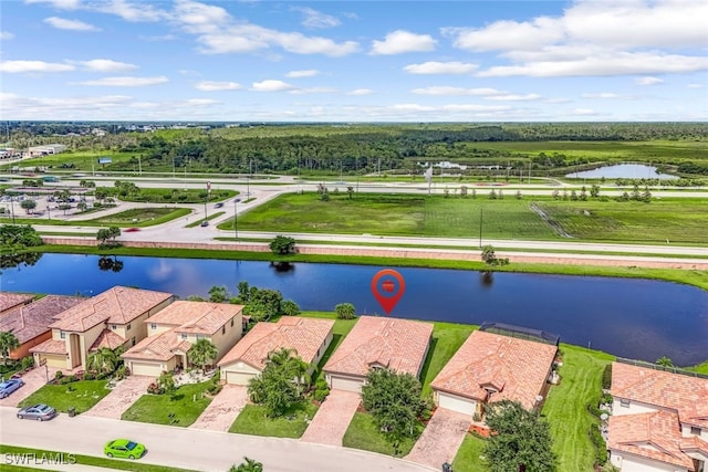 drone / aerial view featuring a water view