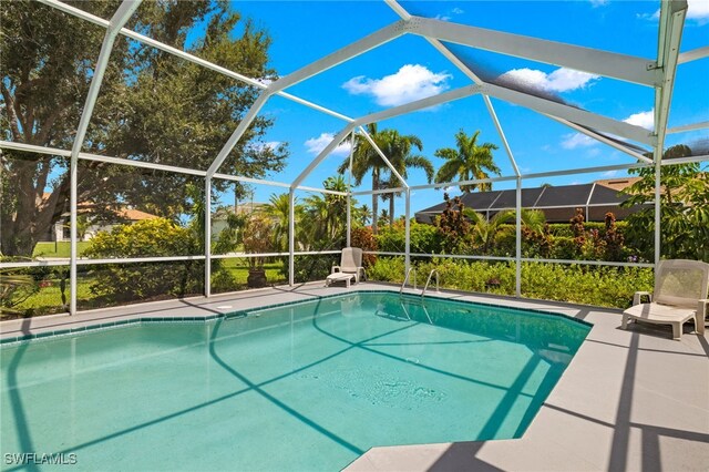 view of swimming pool with a lanai and a patio area