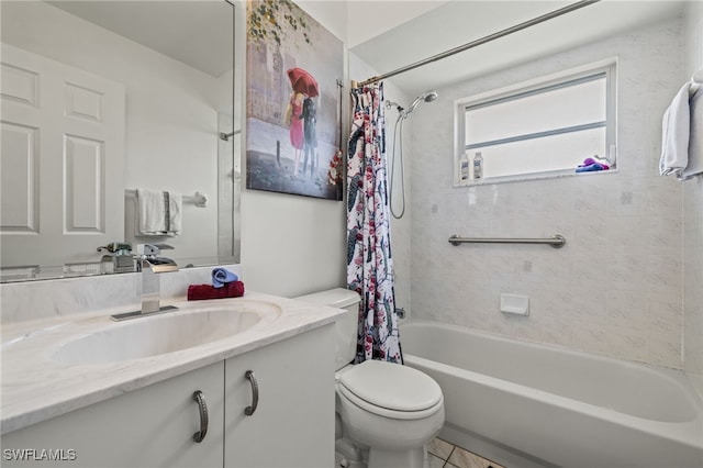 full bathroom with shower / bathtub combination with curtain, tile patterned flooring, toilet, and vanity